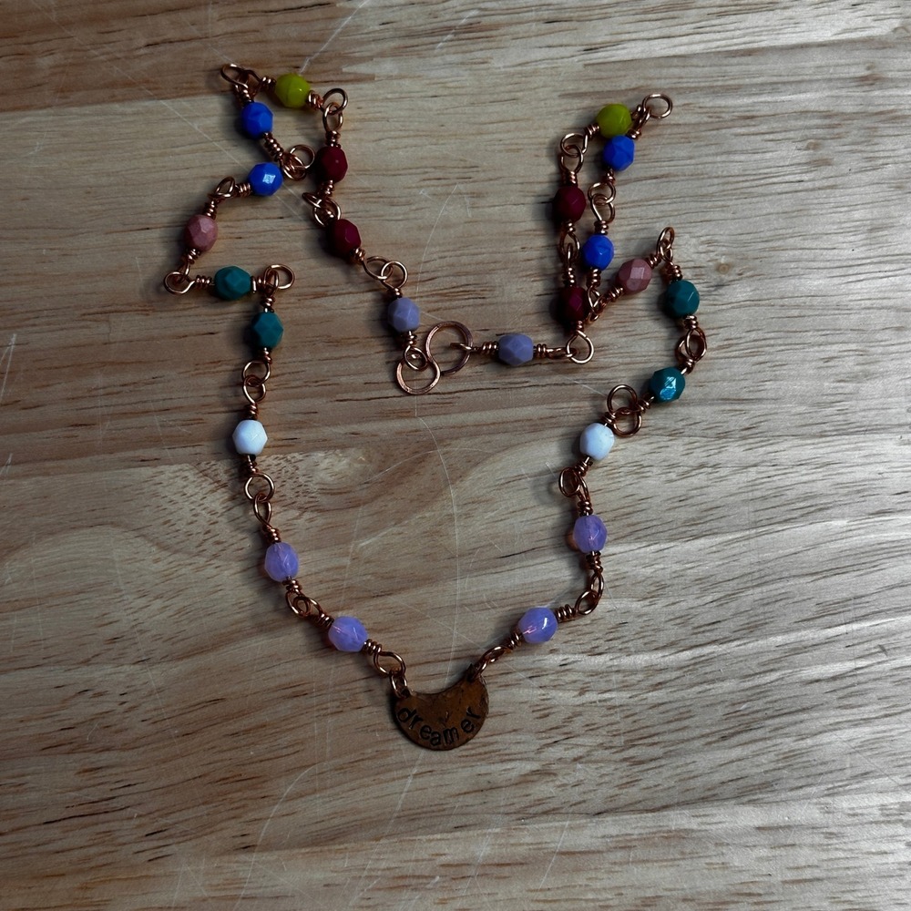 Handmade Copper Wire Wrapped Rainbow Bead Dreamer Moon Necklace Boho Whimsical